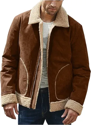 QWENTMTNTY Mens Sherpa Jacket Leather Leather and Sheepskin Aviator Jacket Mens Zipper Hoodie Flight Jackets Mens Leather Biker Jacket