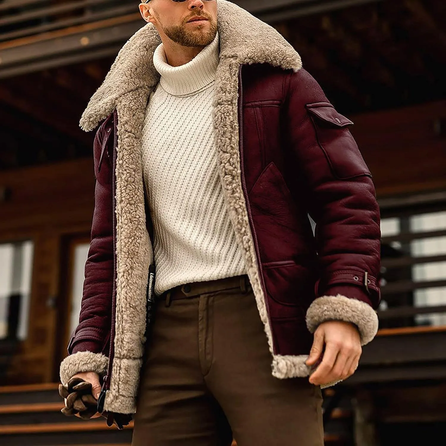 RTRDE Men's Jackets Fashion Faux Leather Sherpa Lined Bomber Jacket Winter Warm Turn-Down Collar Coats Jacket, M-5XL