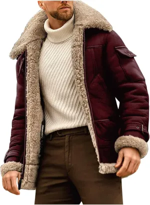 RTRDE Men's Jackets Fashion Faux Leather Sherpa Lined Bomber Jacket Winter Warm Turn-Down Collar Coats Jacket, M-5XL