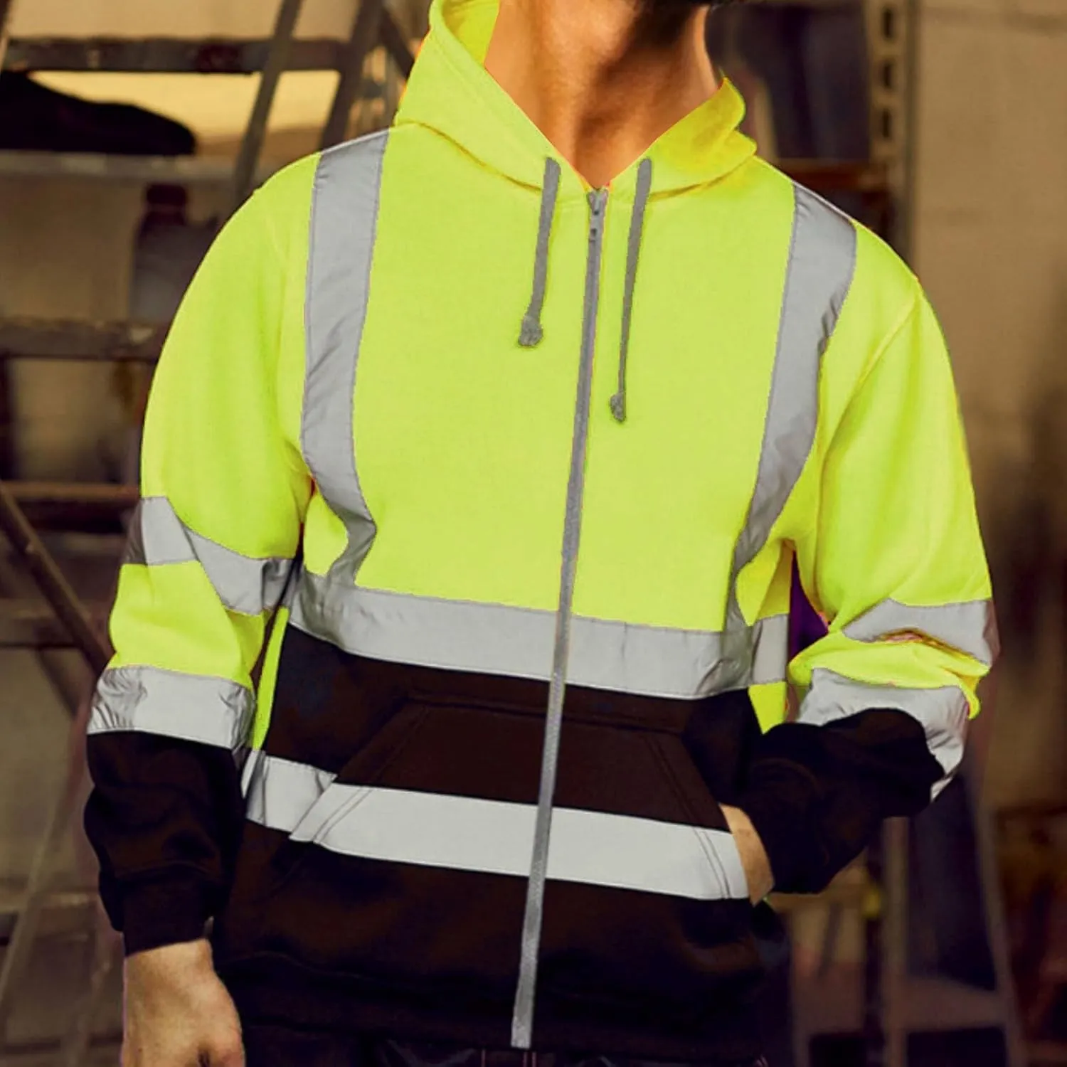 Safety Jackets for Men Waterproof High Visibility Hoodies Full-Zip Work Clothes with Reflective Stripes and Pockets 2025