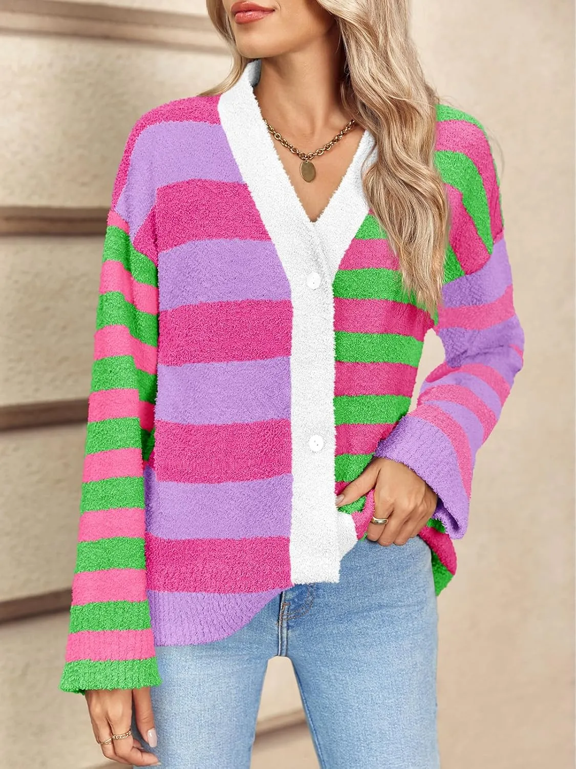 Saodimallsu Womens Striped Cardigan Sweaters V Neck Open Front Button Up Color Block Fuzzy Loose Knit Coats