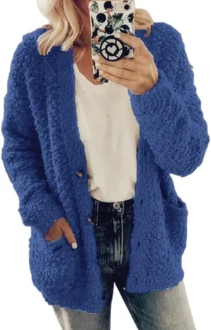 Sherpa Jacket Women Fuzzy Fleece Oversized Open Front Cardigan Long Sleeve Button Coat Casual Fall Winter Outerwear