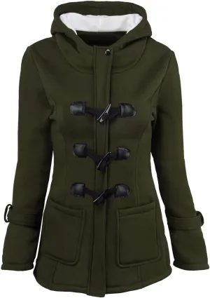 Sherpa Lined Hooded Jacket Women Winter Thicken Horn Button Long Sleeve Coats Casual Loose Wool Blend Pea Coat