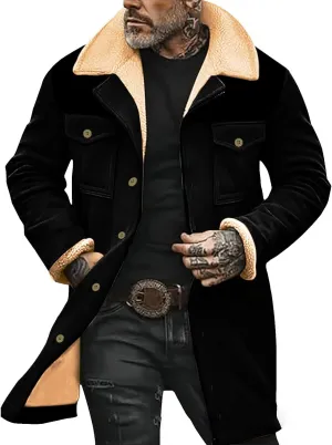 Sherpa Lined Leather Jacket for Men Plush Reversed Collar Outdoor Jacket Suede Long Trench Coats Western Cowboy Jacket