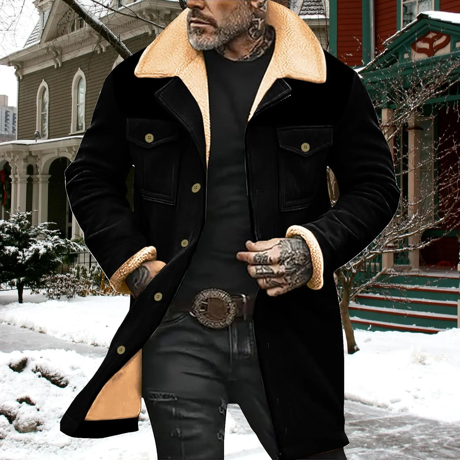 Sherpa Lined Leather Jacket for Men Plush Reversed Collar Outdoor Jacket Suede Long Trench Coats Western Cowboy Jacket