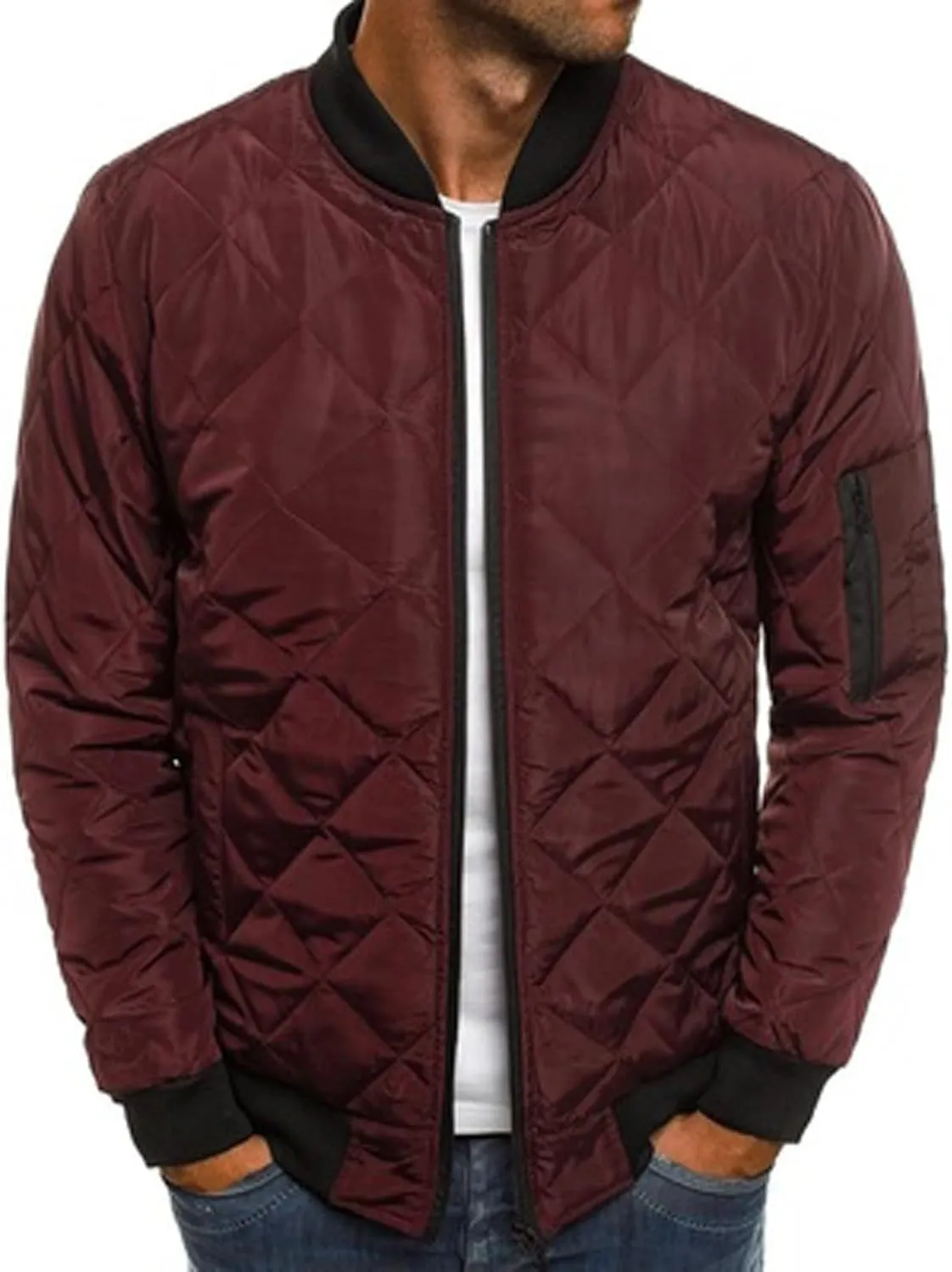 SHOPESSA Men's Winter Coat Casual Mock Neck Zip Up Down Jacket Padded Bomber Jacket Men Relaxed Fit Diamond Quilted Jackets