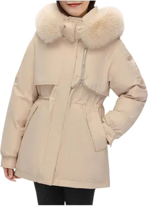 Snow Jackets for Women Winter Thermal Puffer Jacket Slim Fit Thickened Down Jackets Fuzzy Hooded Soild Parka Coats
