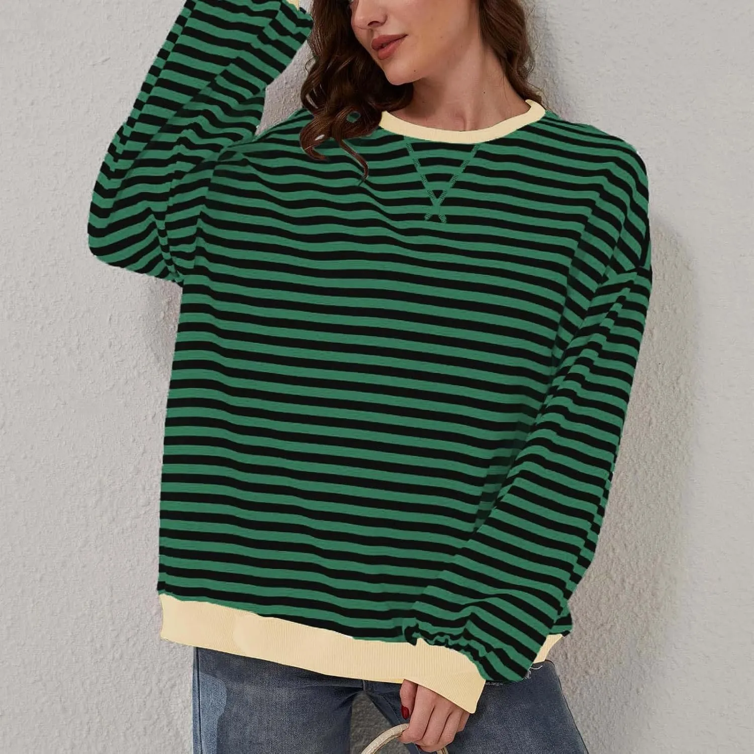 Striped Sweatshirt Women Oversized Striped Color Block Long Sleeve Crew Shirt Women Casual Loose Pullover hirt Top