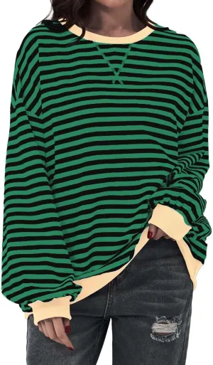 Striped Sweatshirt Women Oversized Striped Color Block Long Sleeve Crew Shirt Women Casual Loose Pullover hirt Top