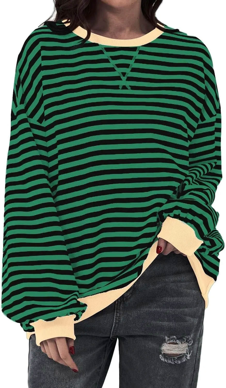Striped Sweatshirt Women Oversized Striped Color Block Long Sleeve Crew Shirt Women Casual Loose Pullover hirt Top