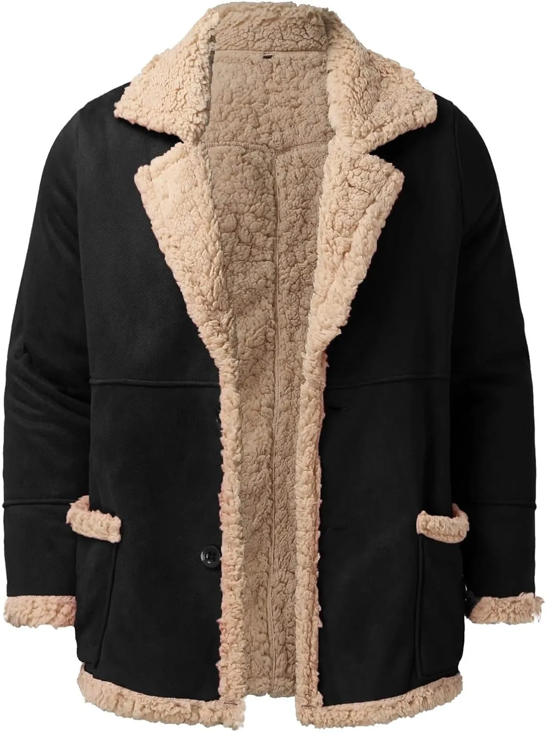 Suede Jacket Men Shearling Fur Lined Bomber Jacket Warm Winter Coat Crop Faux Leather Jacket Lapel Casual Outwear