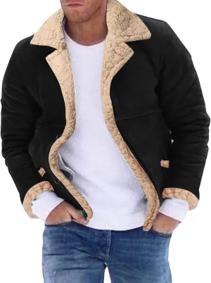 Suede Jacket Men Shearling Fur Lined Bomber Jacket Warm Winter Coat Crop Faux Leather Jacket Lapel Casual Outwear