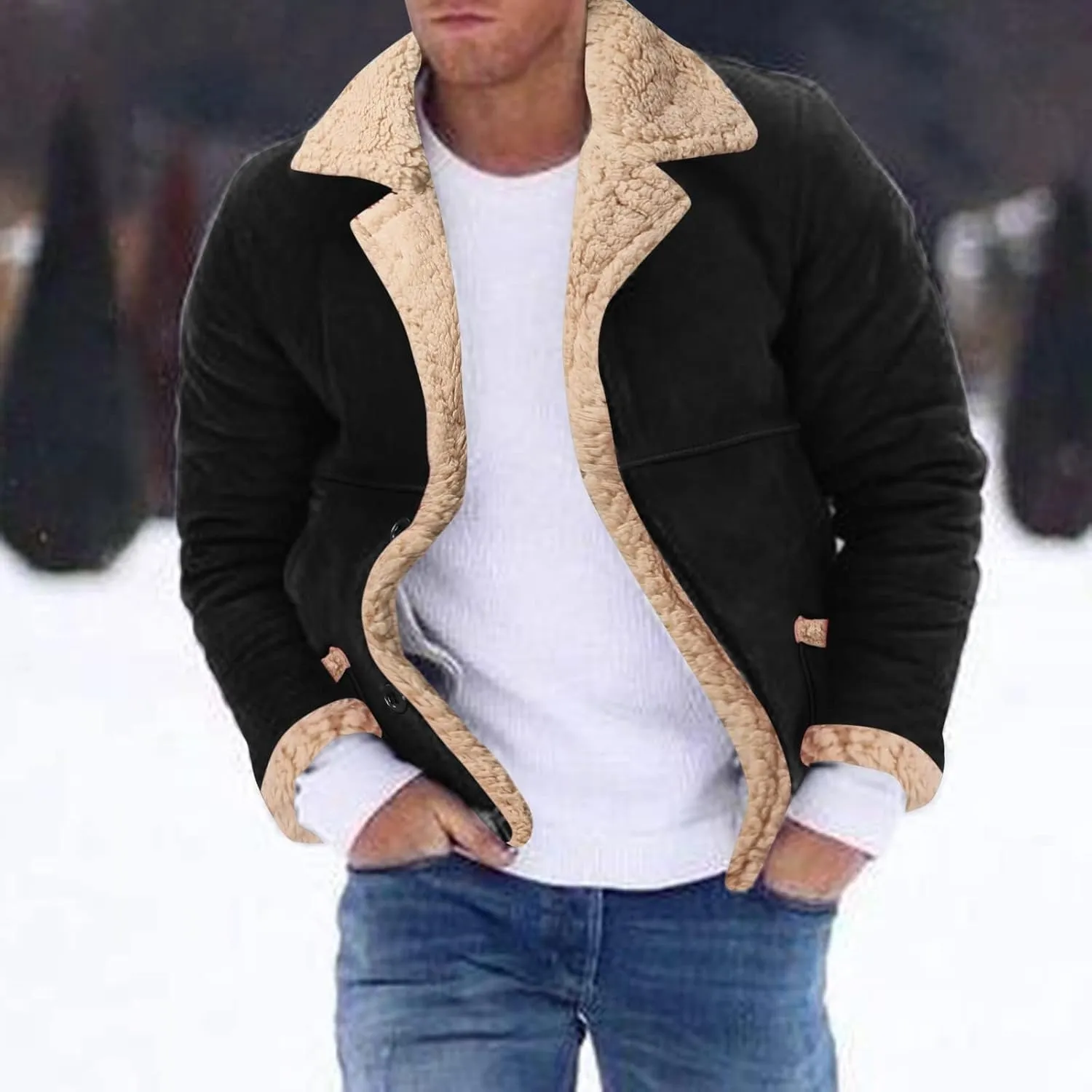 Suede Jacket Men Shearling Fur Lined Bomber Jacket Warm Winter Coat Crop Faux Leather Jacket Lapel Casual Outwear
