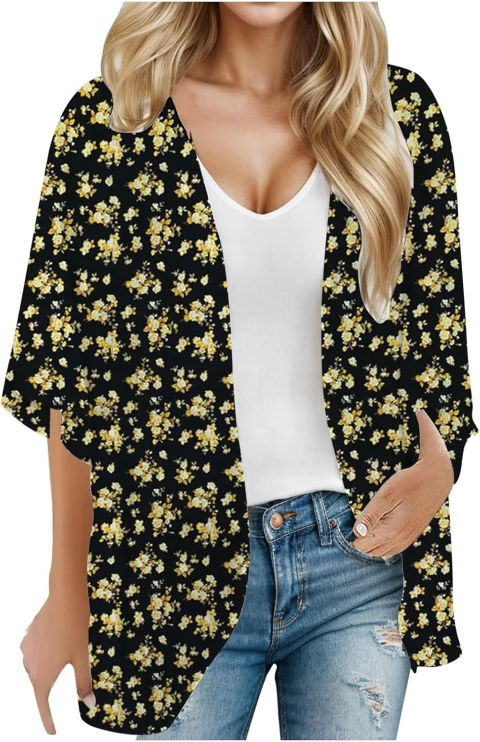 Summer Womens Floral Printed Puff Sleeve Chiffon Kimono Cardigan Loose Cover Up Knitted Cardigan Sweaters for