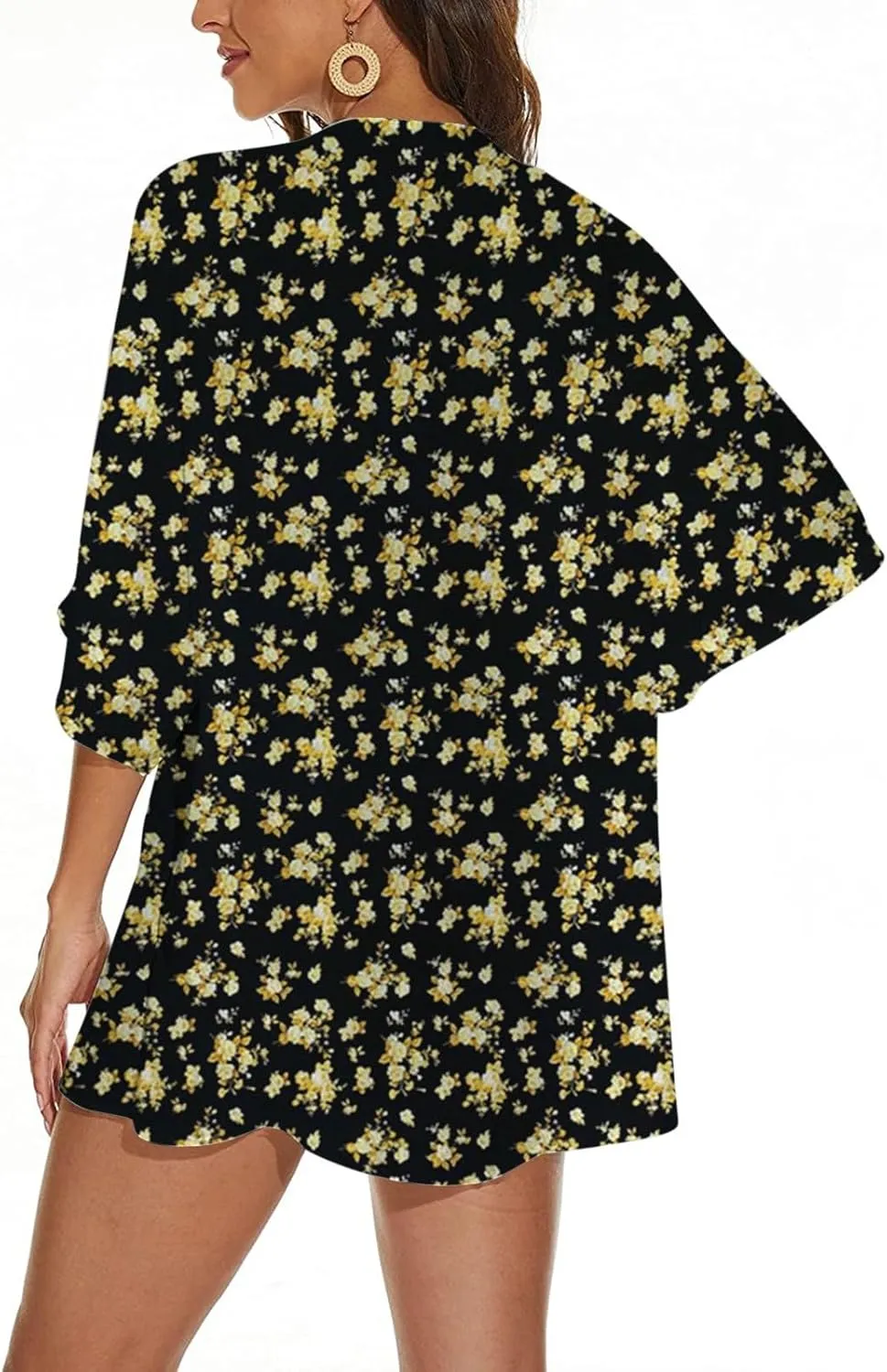 Summer Womens Floral Printed Puff Sleeve Chiffon Kimono Cardigan Loose Cover Up Knitted Cardigan Sweaters for