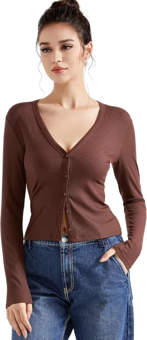 SUUKSESS Women Ribbed Lightweight Cardigan V Neck Button Up Long Sleeve Cropped Modal Tops