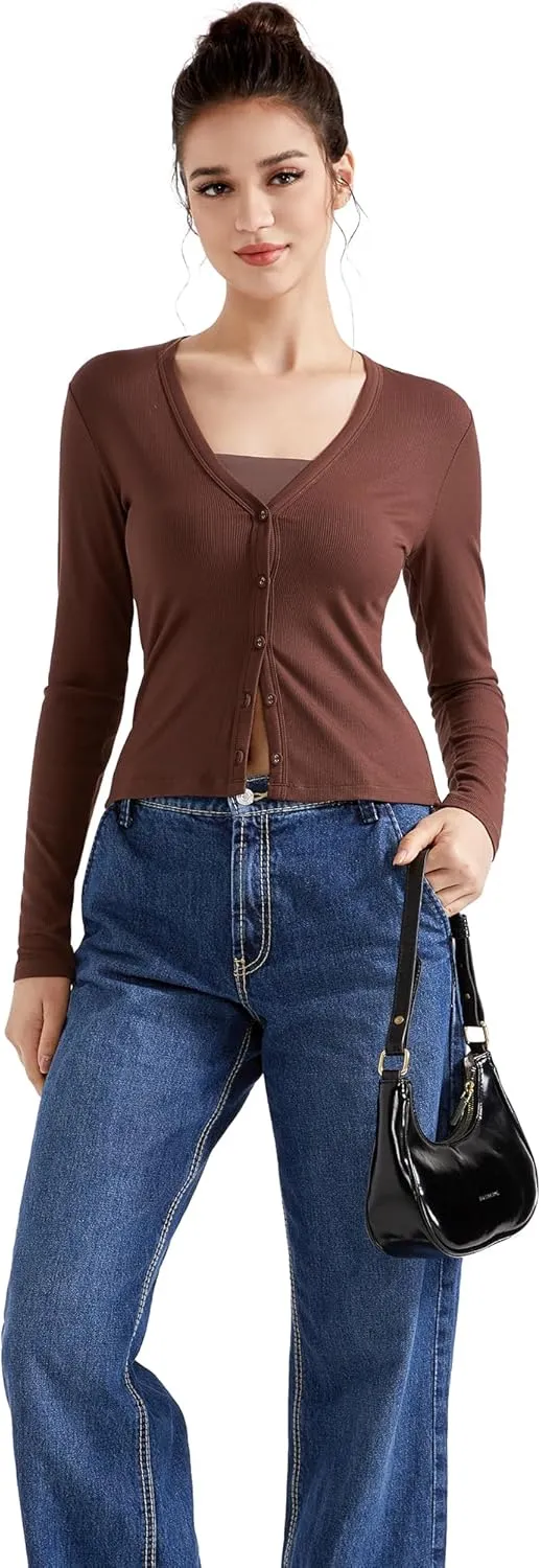 SUUKSESS Women Ribbed Lightweight Cardigan V Neck Button Up Long Sleeve Cropped Modal Tops