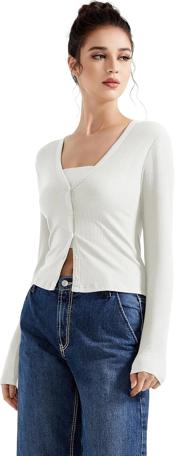 SUUKSESS Women Ribbed Lightweight Cardigan V Neck Button Up Long Sleeve Cropped Modal Tops