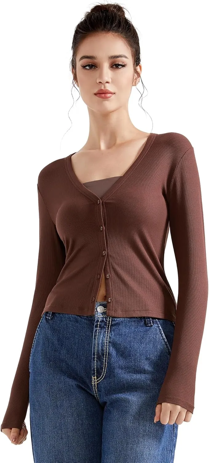 SUUKSESS Women Ribbed Lightweight Cardigan V Neck Button Up Long Sleeve Cropped Modal Tops