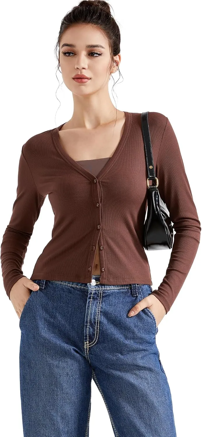 SUUKSESS Women Ribbed Lightweight Cardigan V Neck Button Up Long Sleeve Cropped Modal Tops