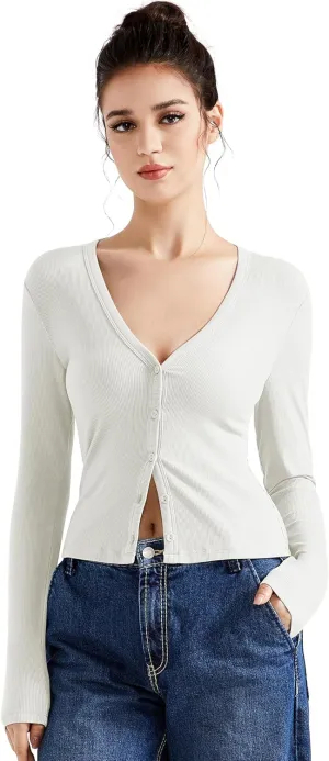 SUUKSESS Women Ribbed Lightweight Cardigan V Neck Button Up Long Sleeve Cropped Modal Tops