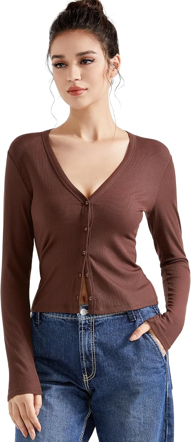 SUUKSESS Women Ribbed Lightweight Cardigan V Neck Button Up Long Sleeve Cropped Modal Tops