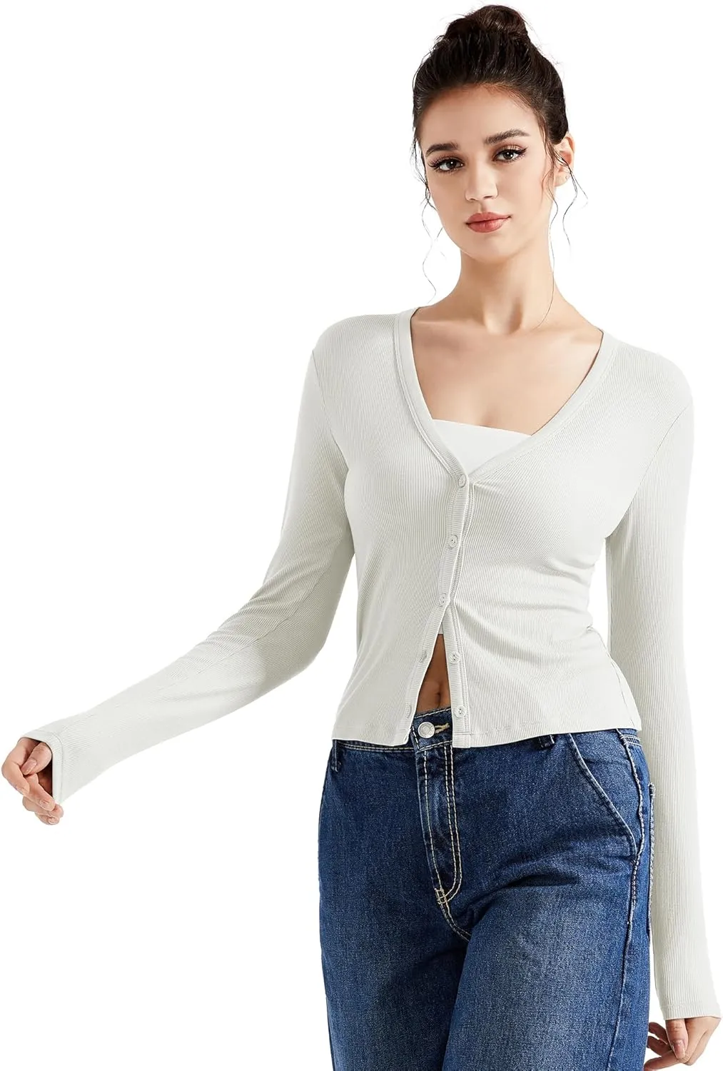 SUUKSESS Women Ribbed Lightweight Cardigan V Neck Button Up Long Sleeve Cropped Modal Tops