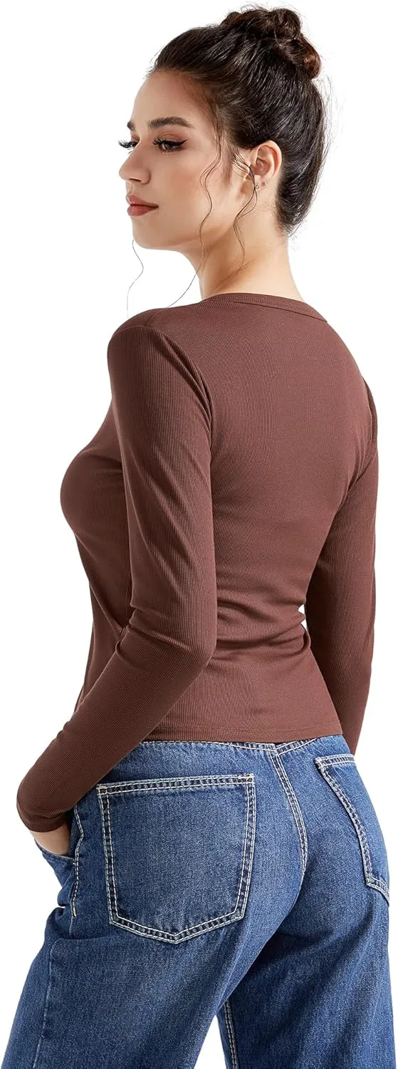 SUUKSESS Women Ribbed Lightweight Cardigan V Neck Button Up Long Sleeve Cropped Modal Tops