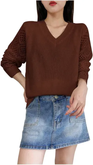 Sweater for Women Cable Knit Solid Color V Neck Long Sleeve Casual Soft Loose Fit Sweaters Tops