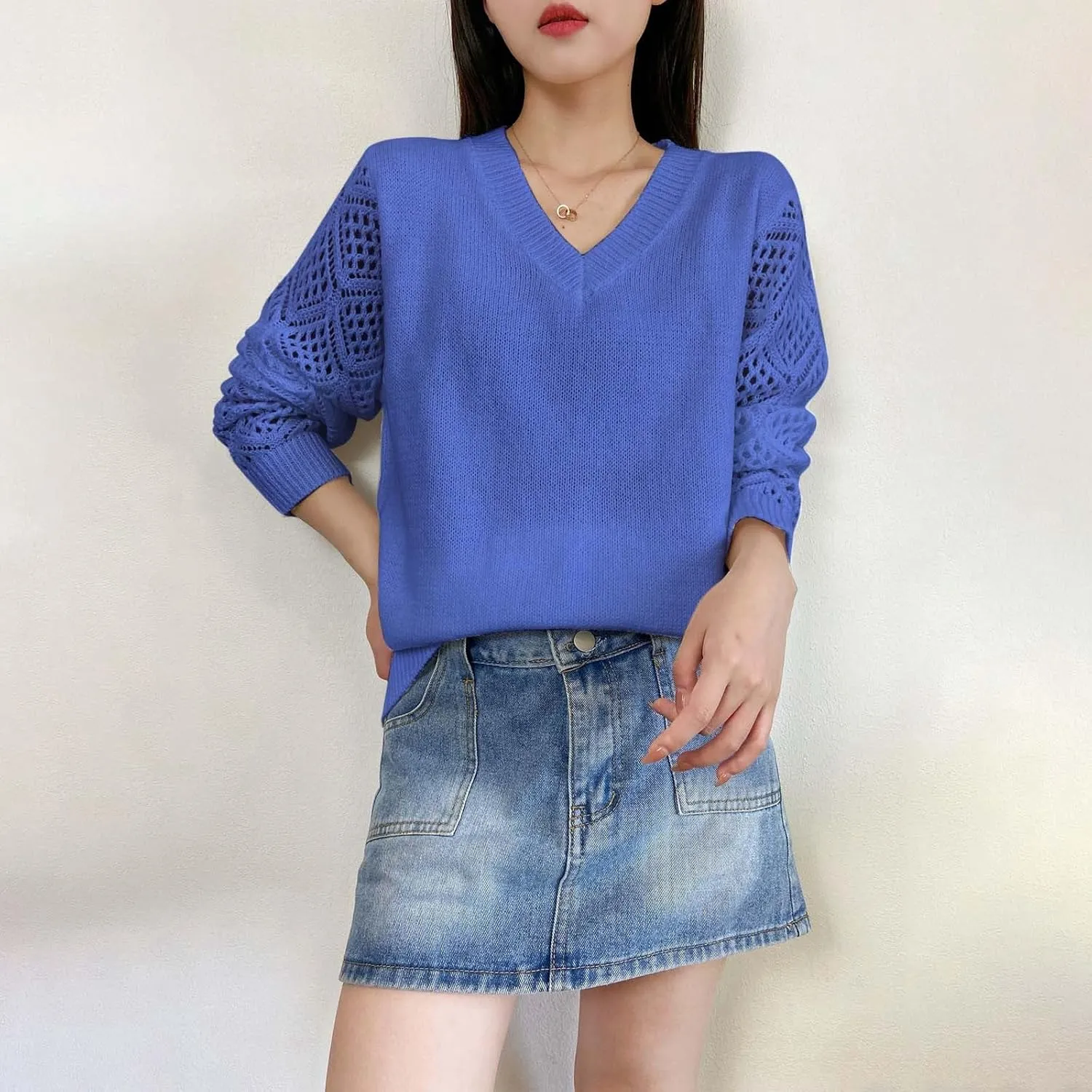 Sweater for Women Cable Knit Solid Color V Neck Long Sleeve Casual Soft Loose Fit Sweaters Tops