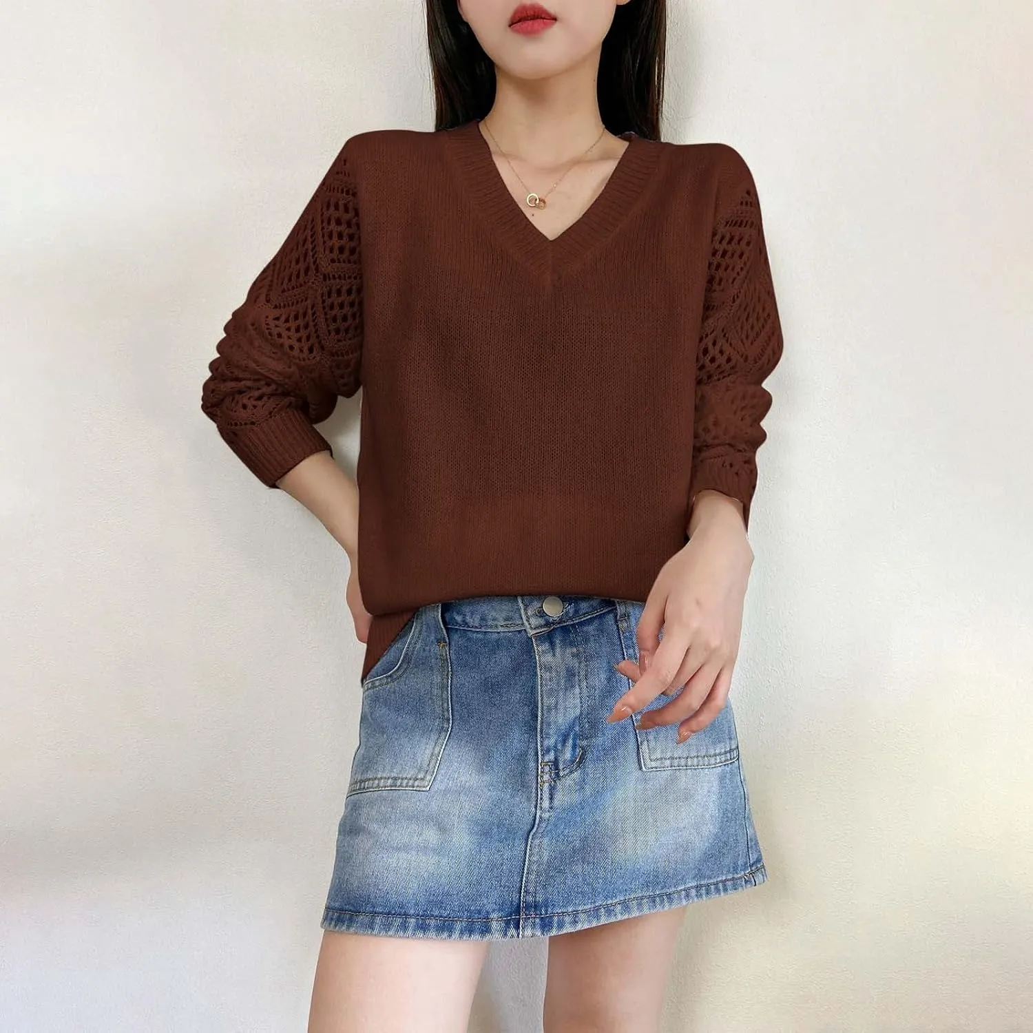 Sweater for Women Cable Knit Solid Color V Neck Long Sleeve Casual Soft Loose Fit Sweaters Tops