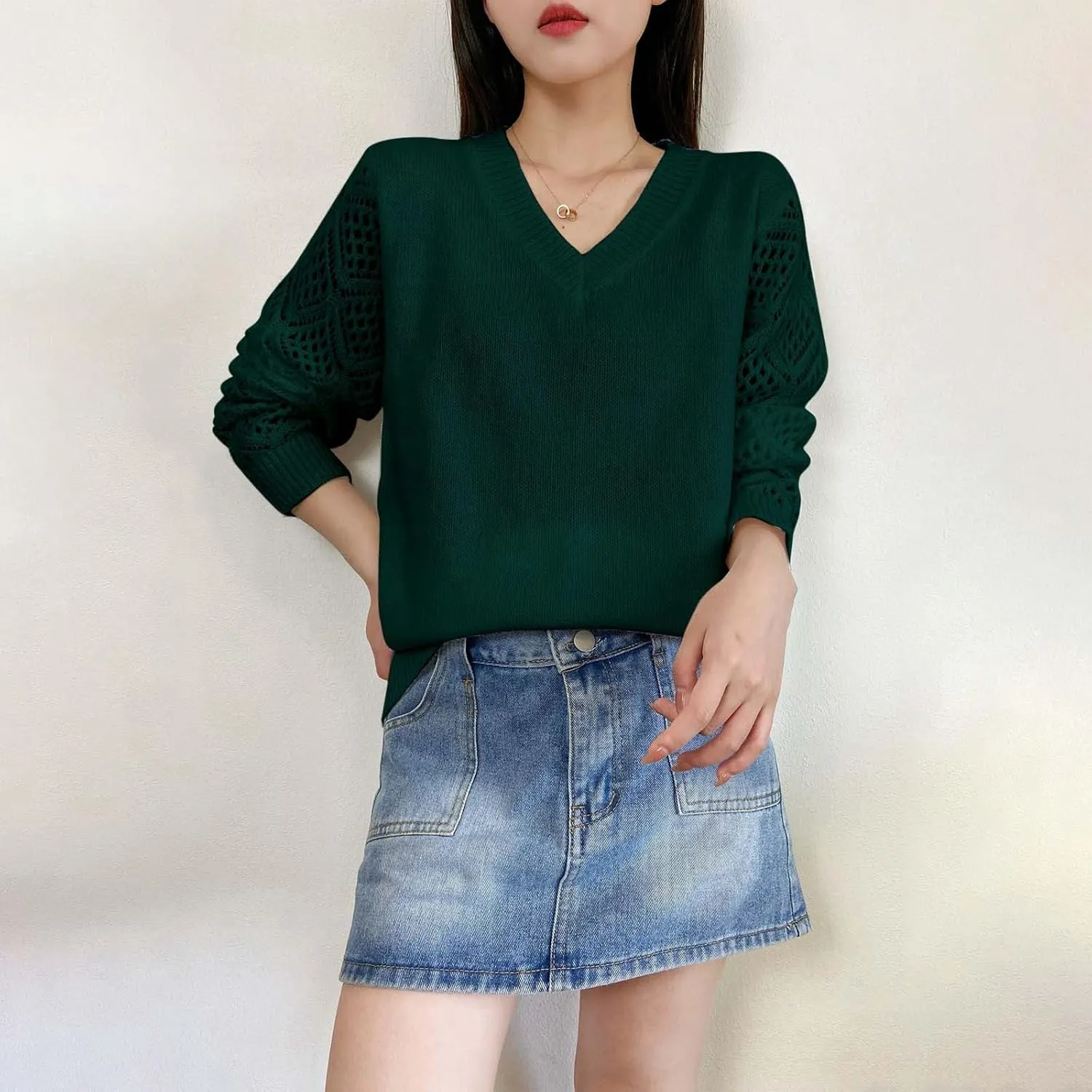 Sweater for Women Cable Knit Solid Color V Neck Long Sleeve Casual Soft Loose Fit Sweaters Tops