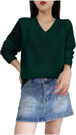 Sweater for Women Cable Knit Solid Color V Neck Long Sleeve Casual Soft Loose Fit Sweaters Tops