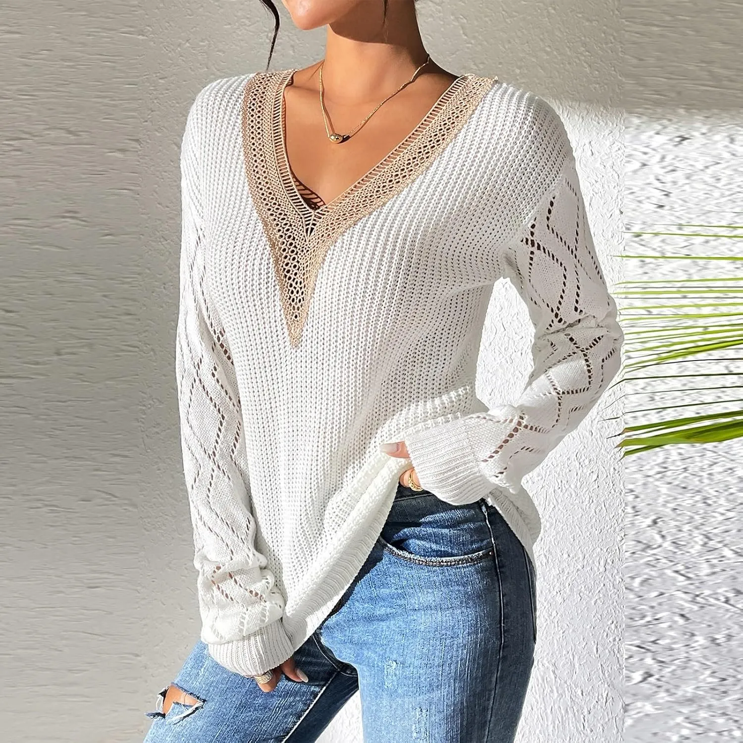 Sweaters Elegantes De Mujer, Long Sleeve Shirts for Women Trendy Casual V Neck Tops Lightweight Sweaters Pullover