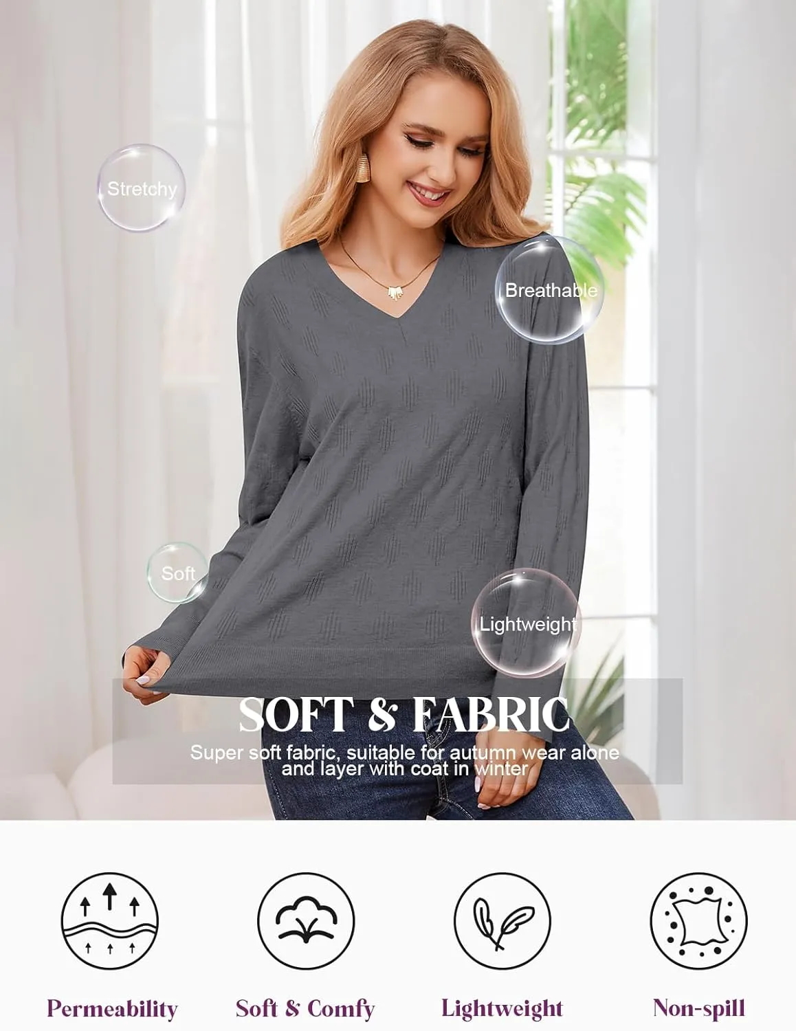 Sweaters for Women 2025 Spring Long Sleeve Lightweight Oversized Casual Classic V Neck Fashion Pullover Sweaters