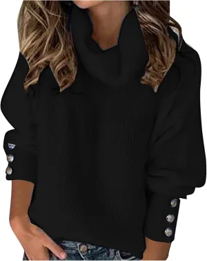 Sweaters for Women Plus Size Solid Turtleneck Oversized Lightweight Knit Lantern Sleeve Sweaters Pullover Blouses Christmas Sweater,Black,M