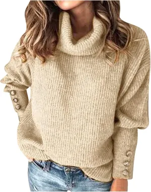 Sweaters for Women Plus Size Solid Turtleneck Oversized Lightweight Knit Lantern Sleeve Sweaters Pullover Blouses Sweater Women,Khaki,S