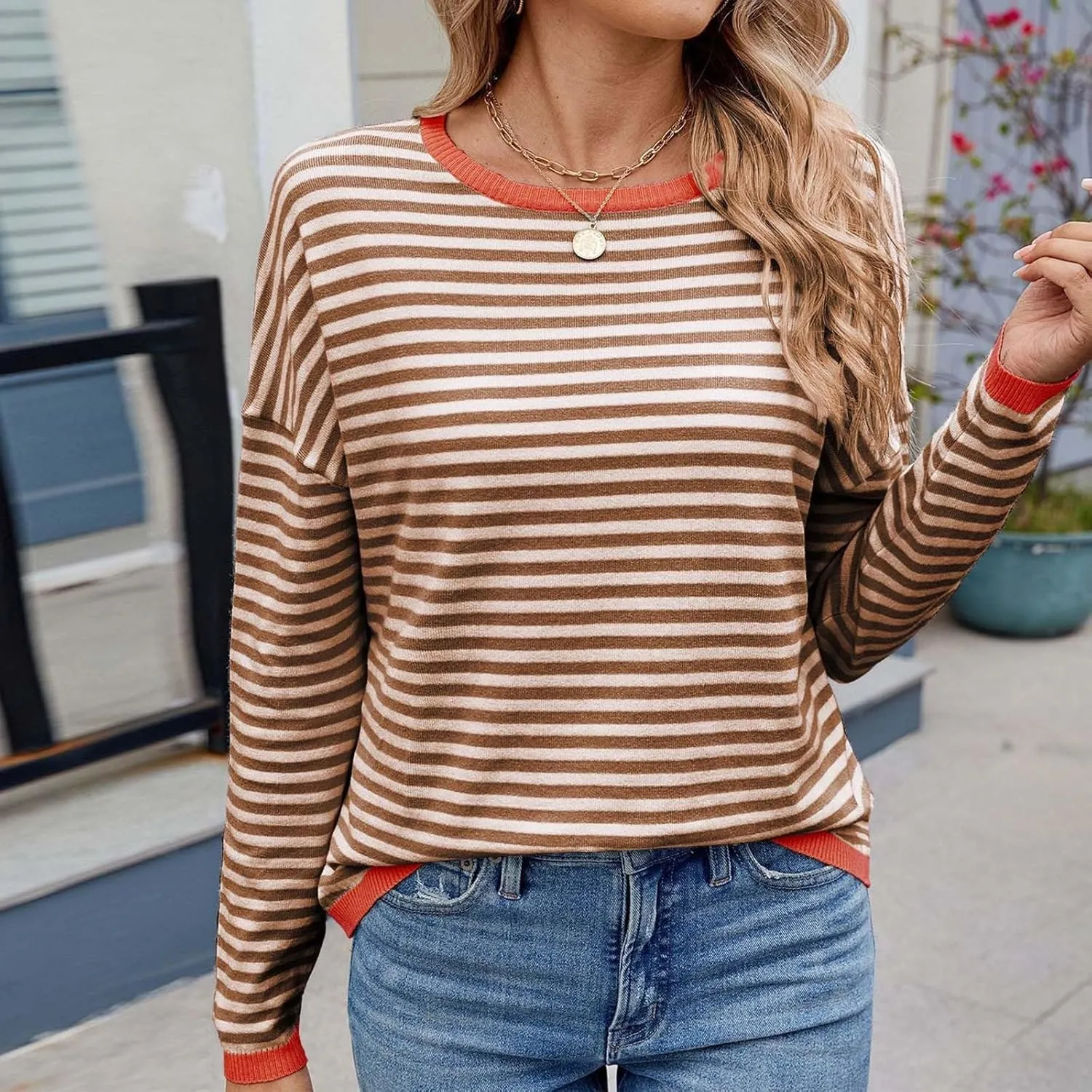 Sweaters for Women TrendyCasual Crewneck Striped Womens Sweaters Lightweight Dressy Cable Knit Spring Sweaters