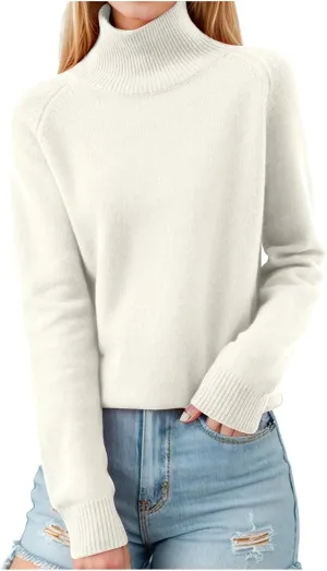 Sweaters for Women Turtleneck Solid Long Sleeve Lightweight Knitted Loose Fit Fall Winter Comfort Pullover Sweaters Oversized Sweaters for Women,White,XL