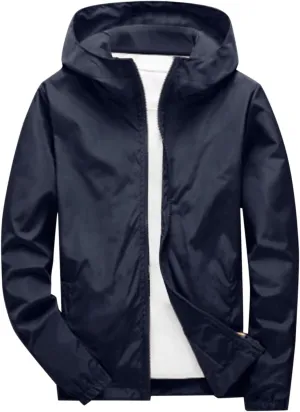Thin Hooded Jacket for Mens Soft Shell Windproof Waterproof Hiking Coats Zipper Long Sleeve Casual Outwear Plus Size
