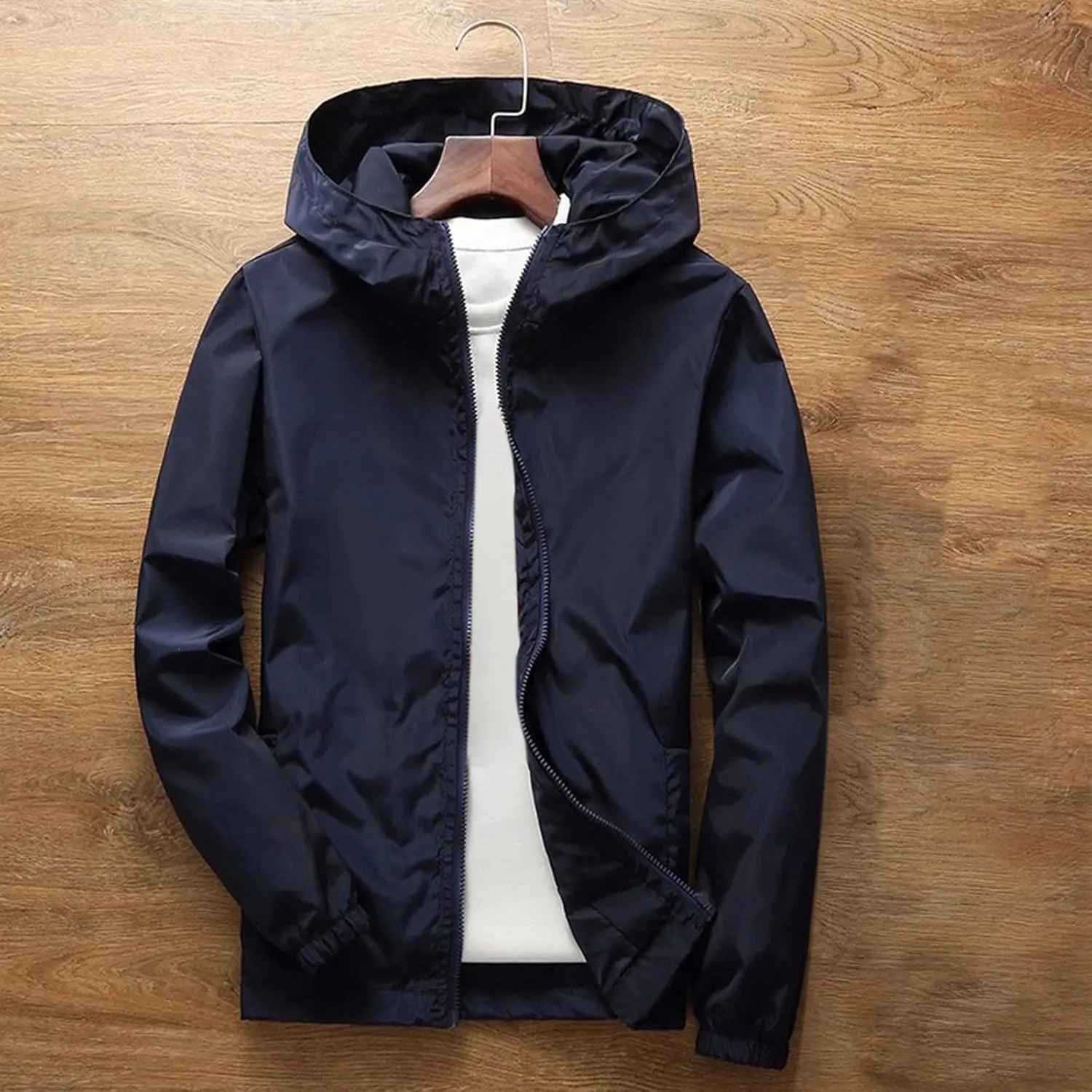 Thin Hooded Jacket for Mens Soft Shell Windproof Waterproof Hiking Coats Zipper Long Sleeve Casual Outwear Plus Size