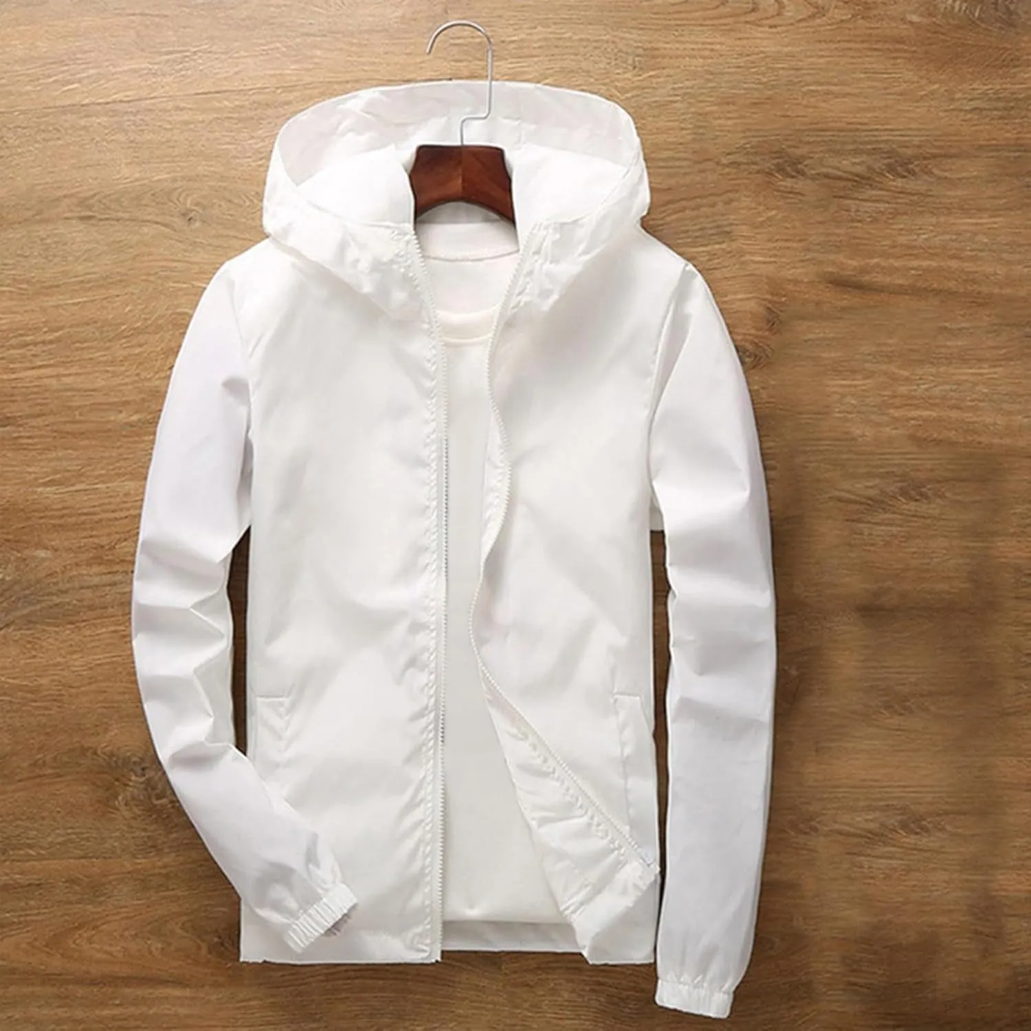 Thin Hooded Jacket for Mens Soft Shell Windproof Waterproof Hiking Coats Zipper Long Sleeve Casual Outwear Plus Size