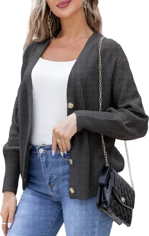 Traleubie Women's Long Sleeve V-Neck Button Down Knit Open Front Cardigan Sweater