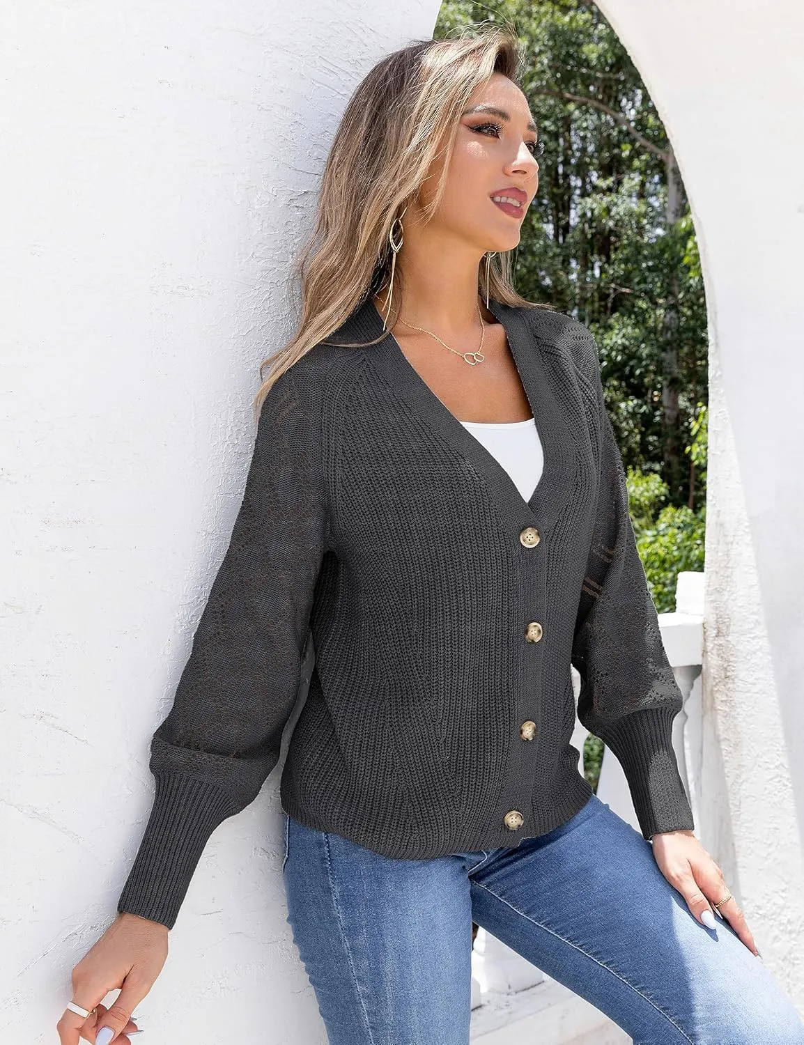 Traleubie Women's Long Sleeve V-Neck Button Down Knit Open Front Cardigan Sweater