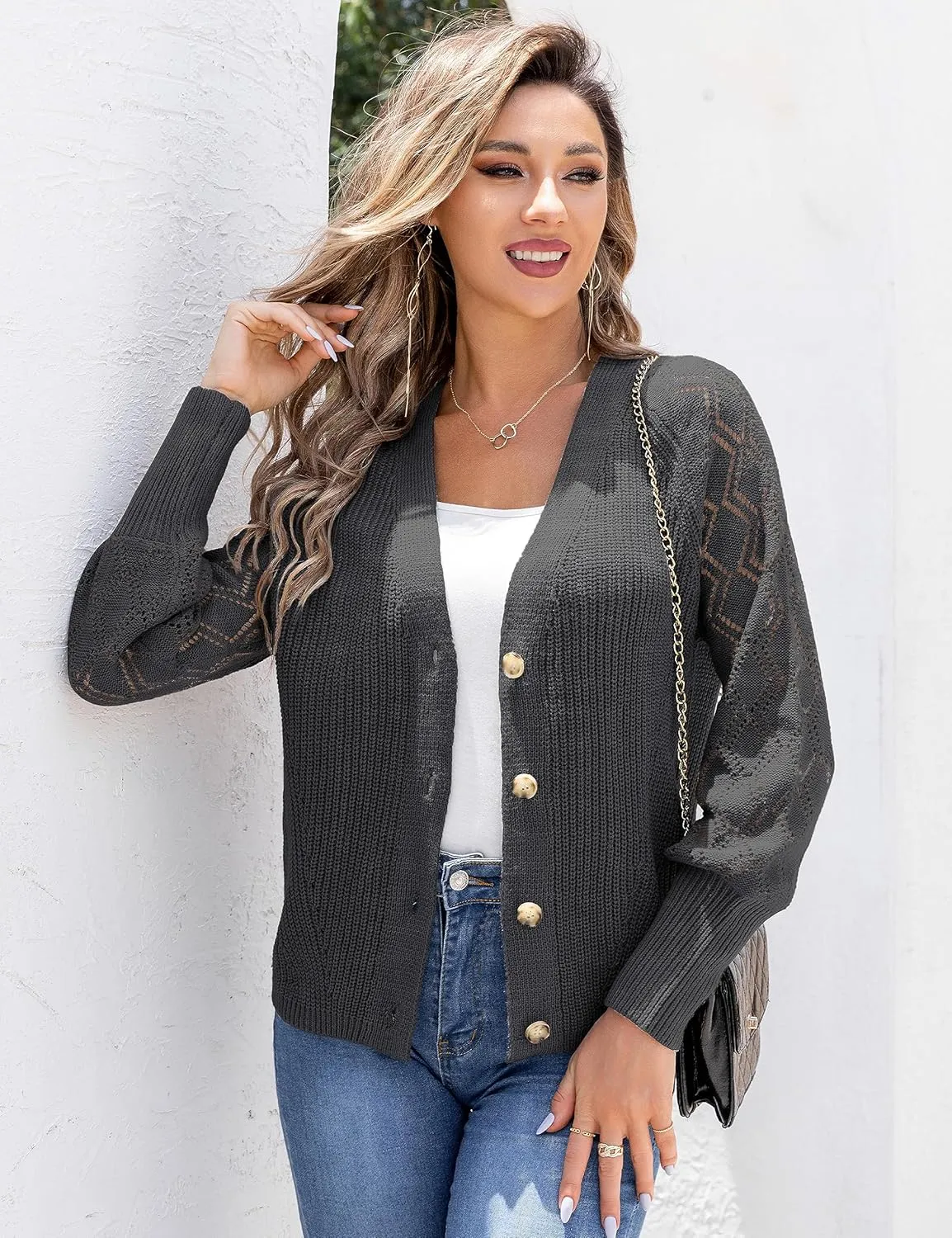 Traleubie Women's Long Sleeve V-Neck Button Down Knit Open Front Cardigan Sweater