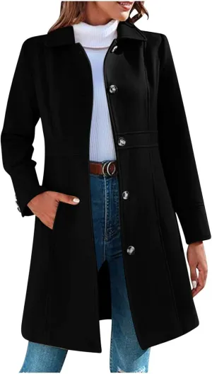Trench Coat for Women 2024 Single Breasted Pea Coat Wool Blend Long Coat Casual Office Jacket Falll Winter Outfits