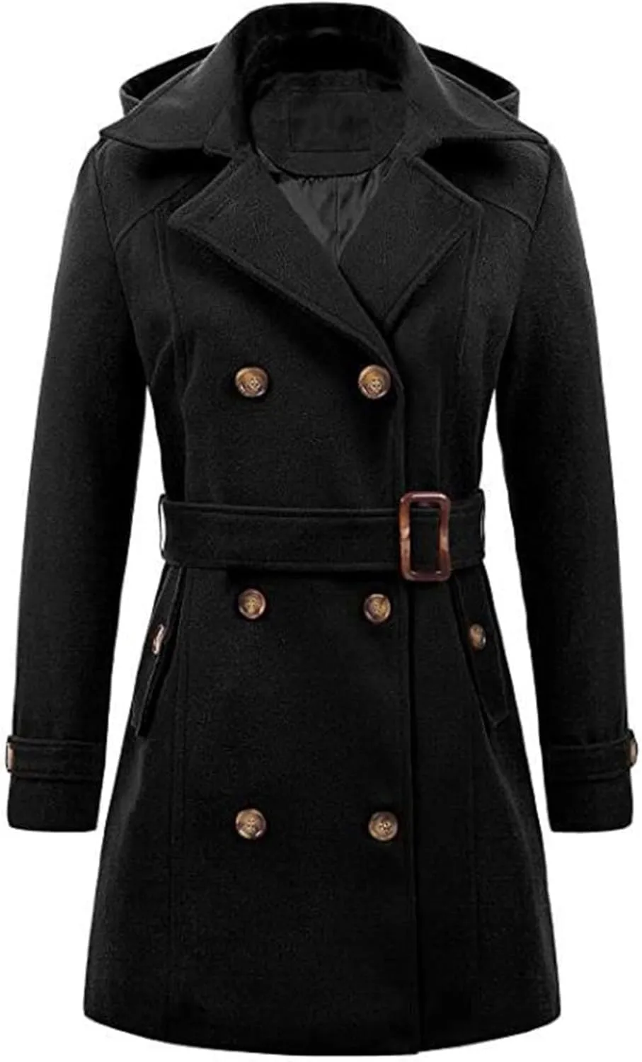 Trench Coat for Women Classic Lapel Collar Double Breasted Pea Coats Mid Length Winter Warm Wool Coats with Hood