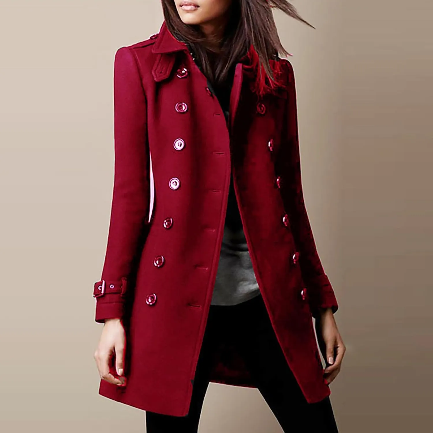 Trench Coat for Women Long Classic Lapel Overcoat Outerwear Double-Breasted Winter Jacket Windbreaker Slim Coats