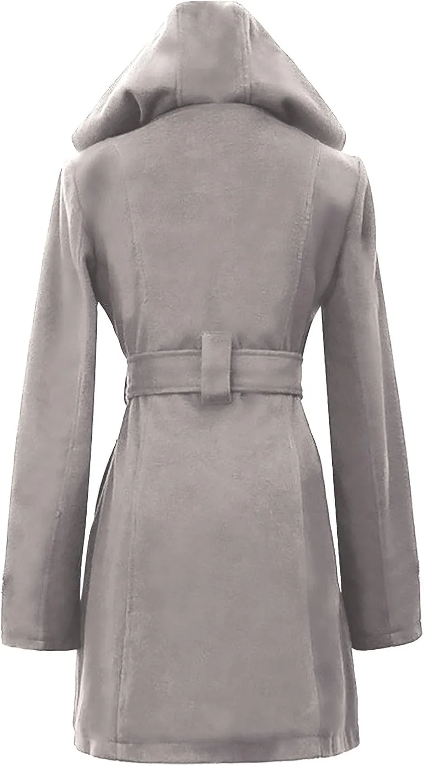 Trench Coat for Women Wool Blend Winter Pea Coat Notched Lapel Collar Long Casual Overcoat Outerwear With Belted