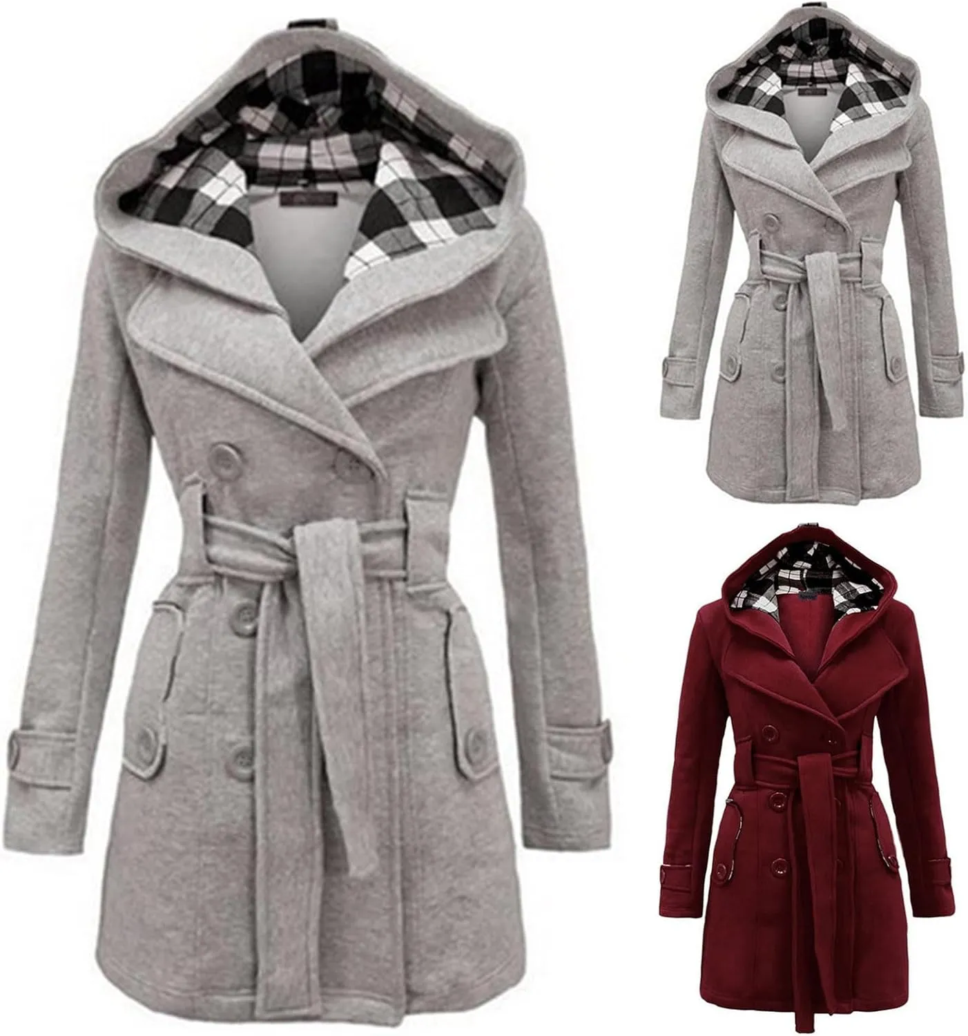 Trench Coat for Women Wool Blend Winter Pea Coat Notched Lapel Collar Long Casual Overcoat Outerwear With Belted